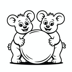 Two cartoon bears holding a large white sphere, black and white illustration isolated on white background, Vector, illustration