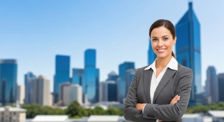 A businesswoman standing confidently in front of a city skyline.