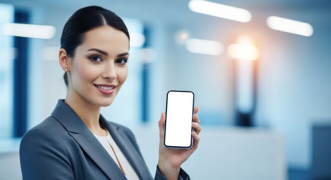 A businesswoman in a suit holding a smartphone with a blank screen.