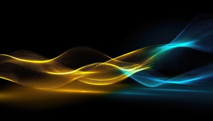 Abstract digital artwork featuring flowing golden and blue wave-like particles against black