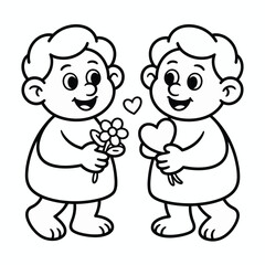 Two cute cherubs with flowers and hearts, symbol of love and innocence, illustration isolated on white background, Vector, illustration
