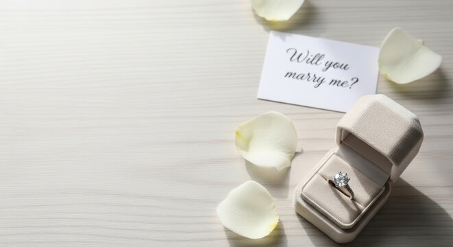 A wedding ring in a box with a note that says 'Will you marry me?' and white rose petals on a wooden table.