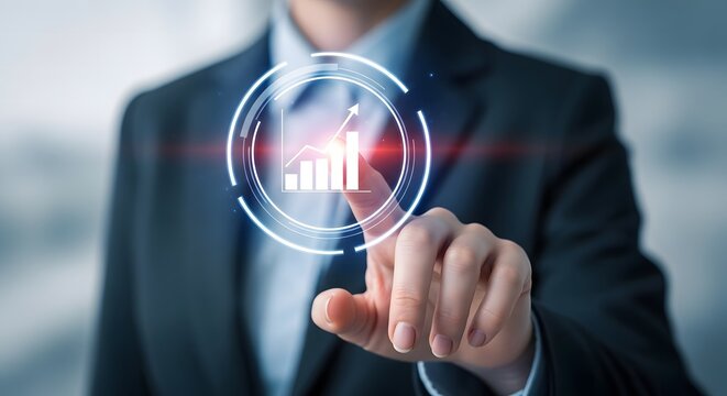 Businessman touching virtual screen with rising graph symbolizing business growth