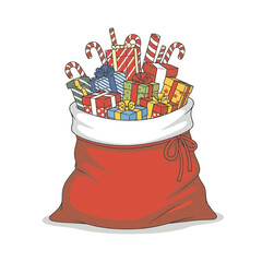 Santa's overflowing gift sack with colorful presents and sweet candy canes for happy holidays, adding festive cheer to your Christmas designs!