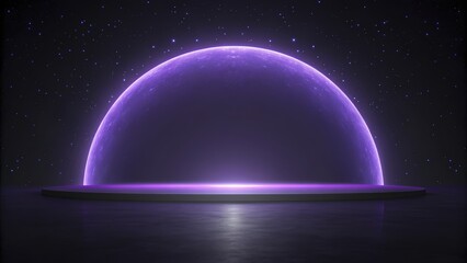Illuminated Purple Planet in a Starry Sky Setting with a Modern Podium