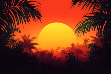 mesmerizing sunset casting its warm glow over a dense tropical rainforest red background