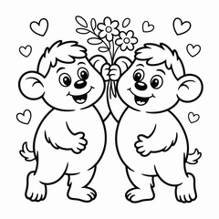 Two cute cartoon bears sharing a bouquet of flowers, hearts around them isolated on white background, Vector, illustration