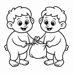 Two happy cartoon babies sharing a bag, isolated on white background, illustration isolated on white background, Vector, illustration