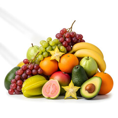 A vibrant fresh assortment of tropical and common fruits piled high against a white background