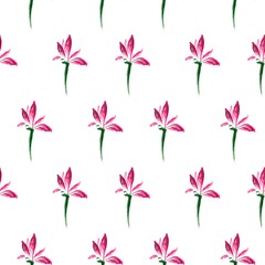 Stylized pink floral grid on beige, elegant and symmetrical for textiles or decor.