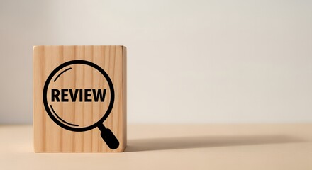 Review concept on wooden block with magnifying glass icon on table