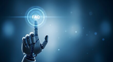 Robotic hand interacting with a glowing faq button in a futuristic setting