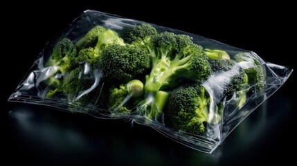 Fresh broccoli florets are displayed in transparent packaging, highlighting their vibrant green color and moisture, perfect for healthy cooking options