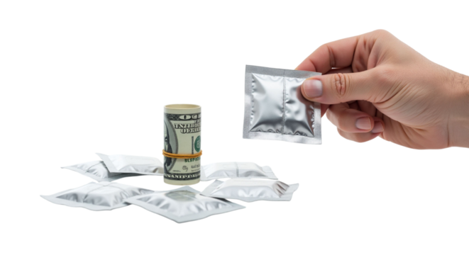 Illicit transaction tableau depicting a dealer exchanging packets for rolled bills