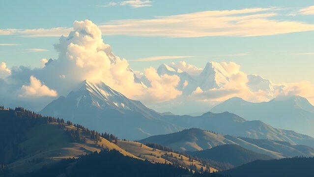 Breathtaking mountain panorama featuring snowdusted peaks, rolling hills, and a vibrant cloudy sky at dawn