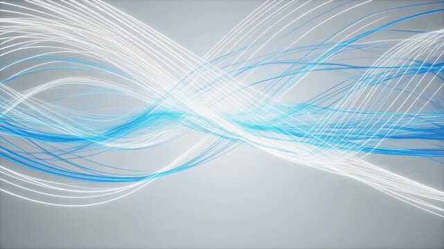 Abstract digital data visualization of clean, white and blue light threads weaving dynamically. Information flow, network, and technology concept.