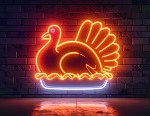 Vibrant neon turkey dinner sign glowing brightly against a dark brick wall, perfect for festive