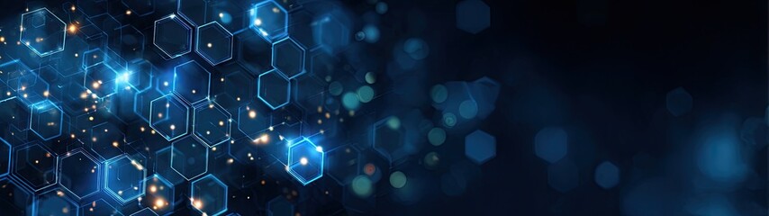 Abstract digital image with glowing blue hexagonal cells, bokeh, and particles on dark background