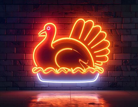 Vibrant neon turkey dinner sign glowing brightly against a dark brick wall, perfect for festive - Powered by Adobe