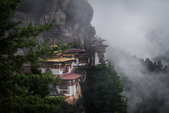 View of the iconic Taktsang Monastery clinging dramatically to a cliffside amidst swirling mists and verdant forests, Paro, Bhutan.