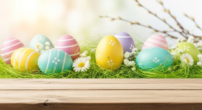 A colorful Easter egg display with pastel colors and floral decorations. - Powered by Adobe