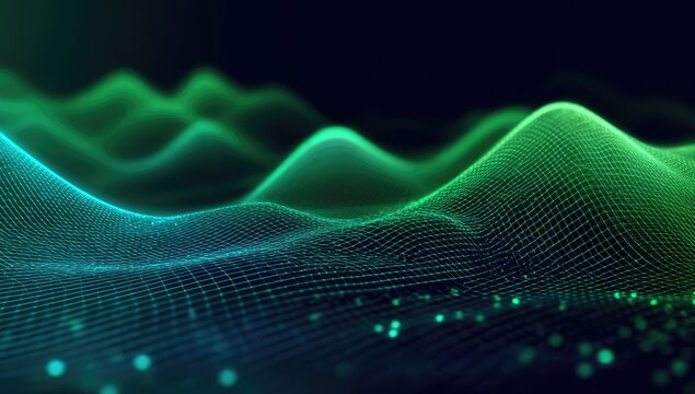 Abstract digital landscape of rolling hills rendered in green and blue glowing particles