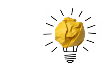 Yellow crumpled paper ball forming light bulb filament with radiating lines isolated on a transparent background