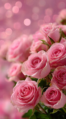 Obraz premium vertical-bouquet-dewy-pink-roses-close-up-vibrant-soft-bokeh-lights-romantic-valentine-mother-day-greeting-card-design