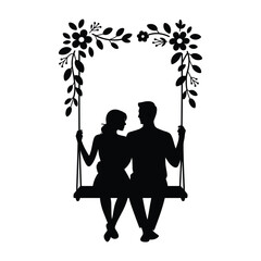Silhouette couple on a swing embracing amidst floral decorations, romantic moment captured isolated on white background, Vector, illustration