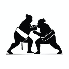 Two sumo wrestlers in silhouette facing each other in a fighting stance. 76 isolated on white background, Vector, illustration