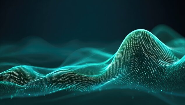 Abstract digital waves surge with teal particles against a dark background, blurred effect