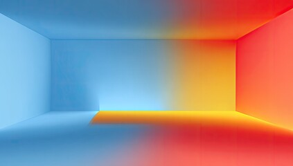 Abstract empty room with gradients of blue, orange, and red light