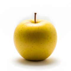 A single ripe golden delicious apple with a stem stands isolated on a bright white background