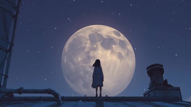 Silhouette of a girl gazing at the luminous full moon during night time on
