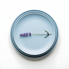 Delicate lavender sprig and metal arrow point to the right on a light blue ceramic plate