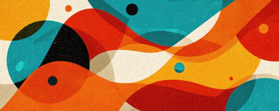 Abstract design with overlapping colorful shapes and a textured background, with subtle circles