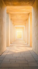 Fototapeta premium Sunlit abstract architecture corridor with geometric patterns and warm tones