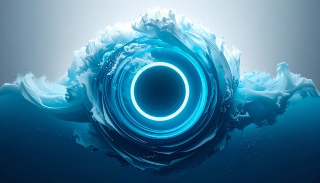 水色の流体と白い泡が渦巻く中に明るく輝くネオンリングが浮かび上がる幻想的な抽象表現