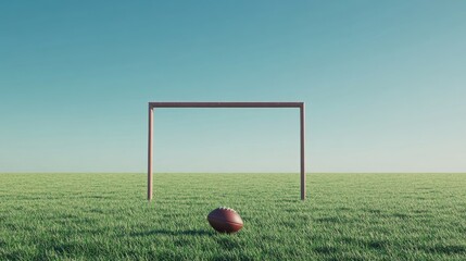 A lone american football sits on a green field in front of a goalpost under a clear blue sky