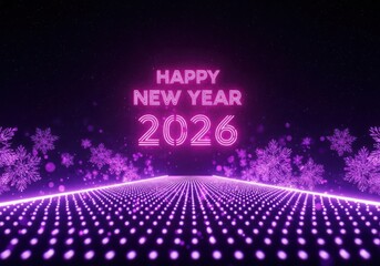 Happy new year 2026 neon sign glowing purple path snowflakes on a dark festive background