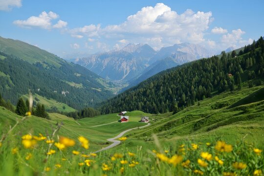 Stunning Alpine Valley with Traditional Farmhouses and Majestic Mountains