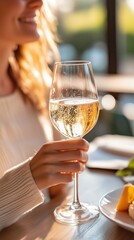 Obraz premium Smiling young caucasian female enjoying sparkling wine at sunset