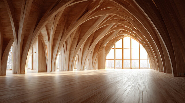 A mesmerizing display of interior wooden architecture featuring intricate arches and abundant sunlight