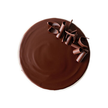 Decadent chocolate cake overhead shot on a stark white background display
