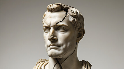 Close up of a damaged marble bust of a man with cracks and missing pieces shown, 32k resolution
