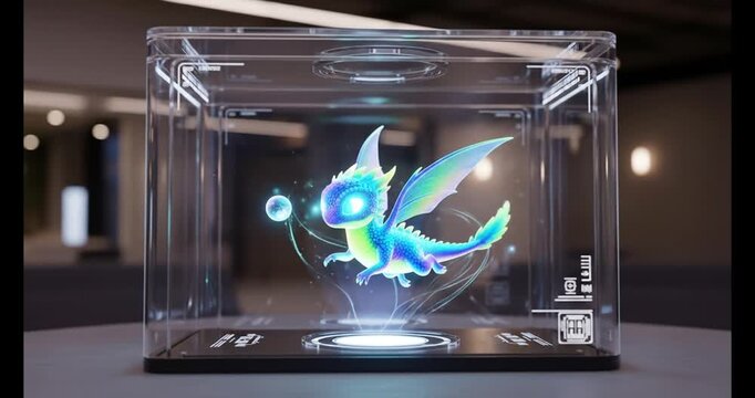 Enchanting holographic dragon animation showcased in a futuristic display case, perfect for tech enthusiasts and digital art collections