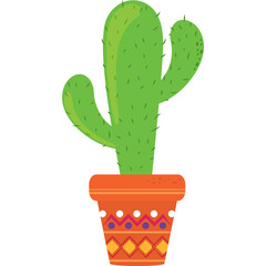 Green Saguaro Cactus in a Decorative Orange Pot with Colorful Geometric Patterns and a Transparent Background