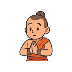 Young monk praying calmly. Buddhist monk in respectful gesture. Peaceful monk character with prayer pose.