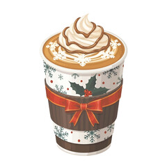Festive holiday coffee with whipped cream and chocolate drizzle, adorned with snowflakes and a ribbon, perfect for Christmas season cheer