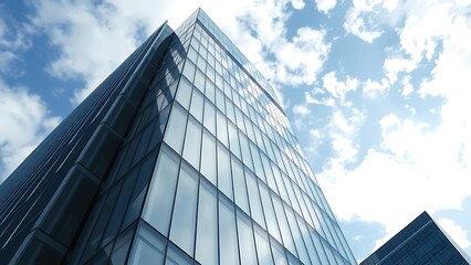 Obraz premium Modern glass skyscraper reflecting blue sky and clouds, symbolizing business, finance, and urban development